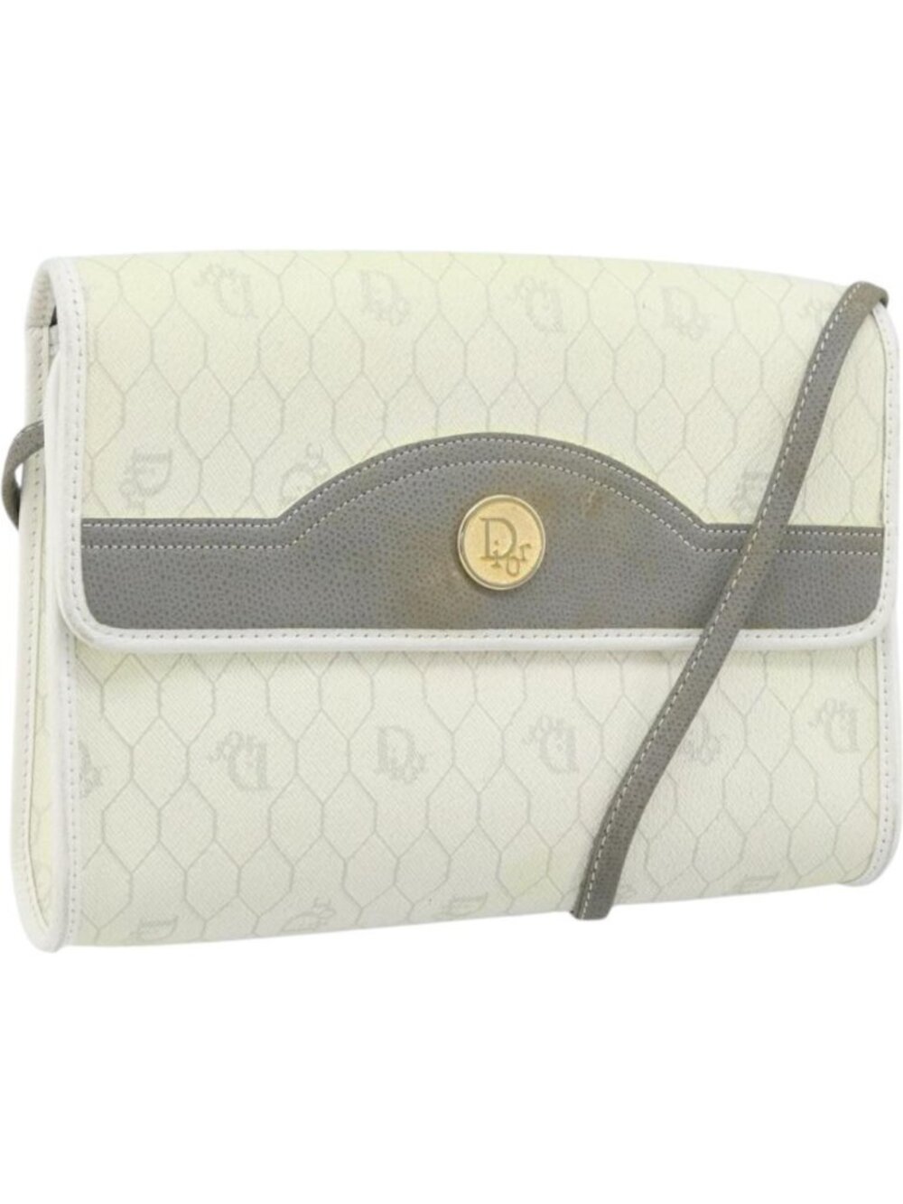 Christian Dior Honeycomb Canvas Shoulder Bag PVC White Gold